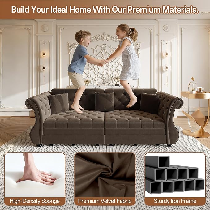 97.6" Oversized Pull Out Sofa Bed, Chesterfield Velvet Sleeper Sofa Couch - Image 5