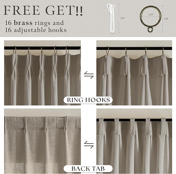 Pinch Pleated Burlywood Thick Linen Semi Sheer Curtains 108 Inches Length | - Image 4