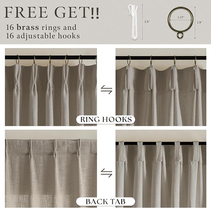 Taupe Brown Pinch Pleated Semi Sheer Linen Blend Drapes 112 Inches Long 50W | - Image 2