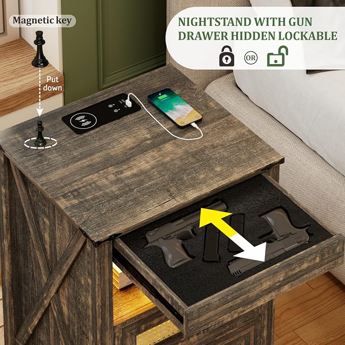 Night Stand with Gun Drawer, Bedside Table with Charger Station & LED Human - Image 4