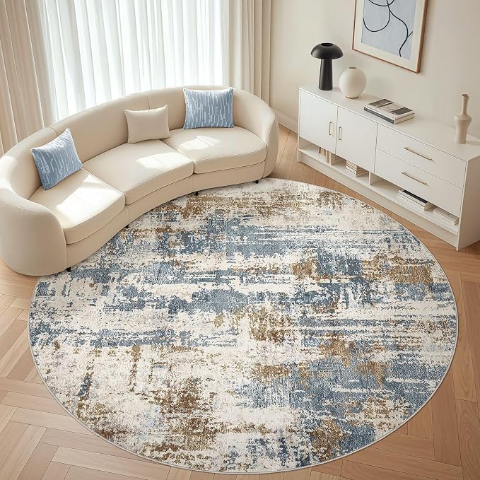 LOONGRUG Round Rug 8x8 Washable Large Neutral Modern Circle Rugs Blue Tan | by LOONGRUG