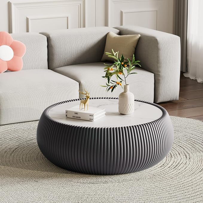 27.55" Round Marble Coffee Table, Modern Fluted Coffee Table - Image 4