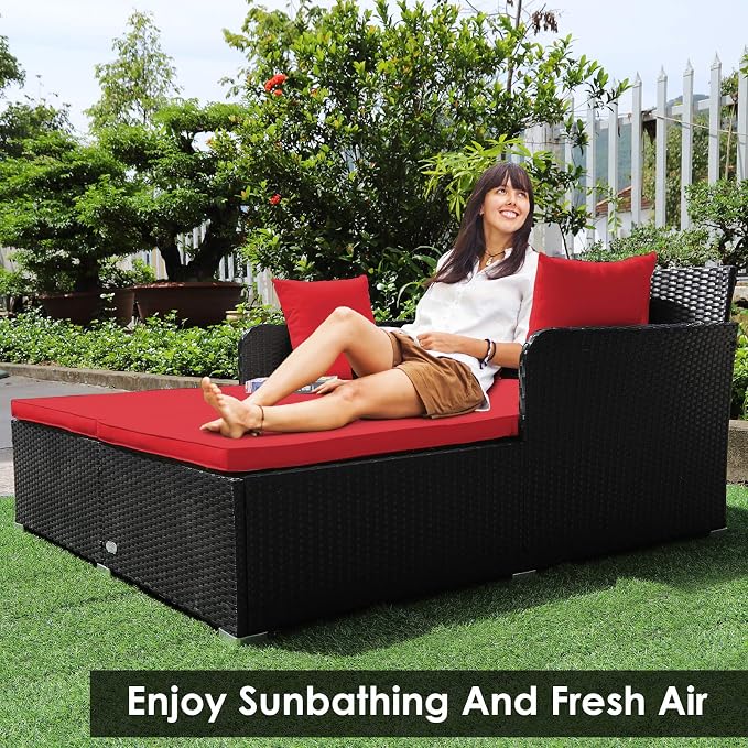 COSTWAY Outdoor Patio Rattan Daybed, Sponge Cushioned Loveseat Sofa - Image 5