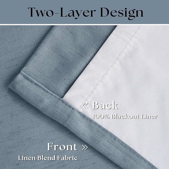 Dusty Blue Pinch Pleat 100% Blackout Linen Curtains 2 Layers 45 Inch Long | - Image 3