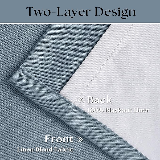Light Blue Pleated Linen Blackout Curtains 90 Inches Long 2 Panels W40xL90 | - Image 4
