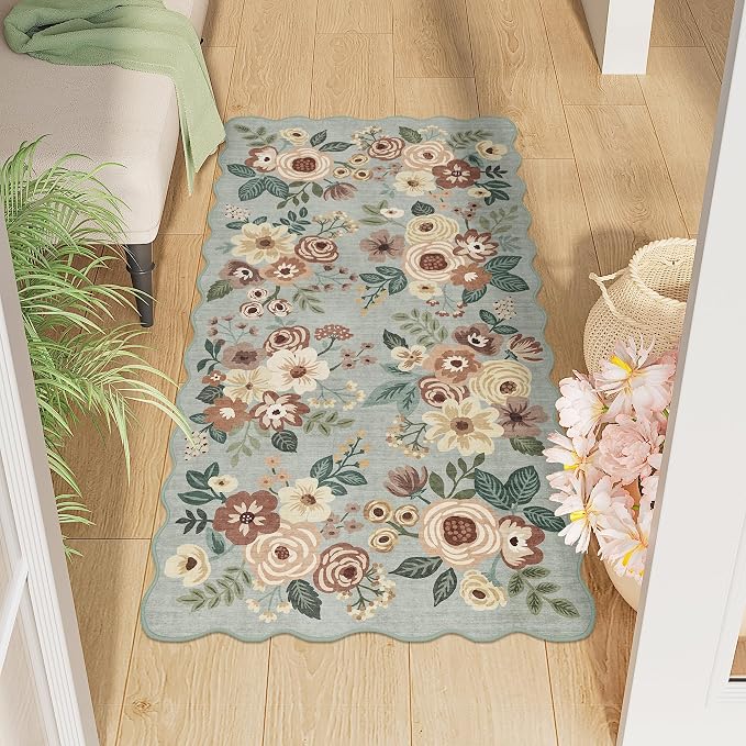 DUKINO 2x4 Rug for Entryway, Floral Washable Kitchen Rugs, Sage Green | Non Slip by DUKINO