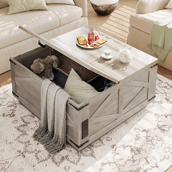 Jocoevol Farmhouse Lift Top Coffee Table, Square Wood Center Table - Image 7