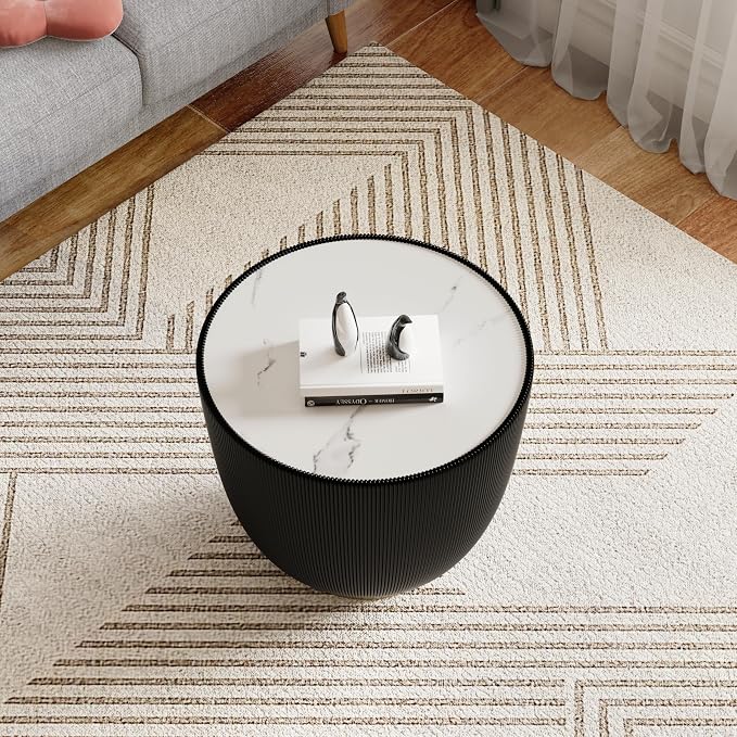 Black Round Side Table, 19.7" Faux Marble Fluted End Table - Image 4