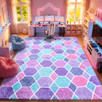 Checkered 8x10 Area Rugs for Living Room, Fluffy Purple Rainbow Girls Rug | - Image 3