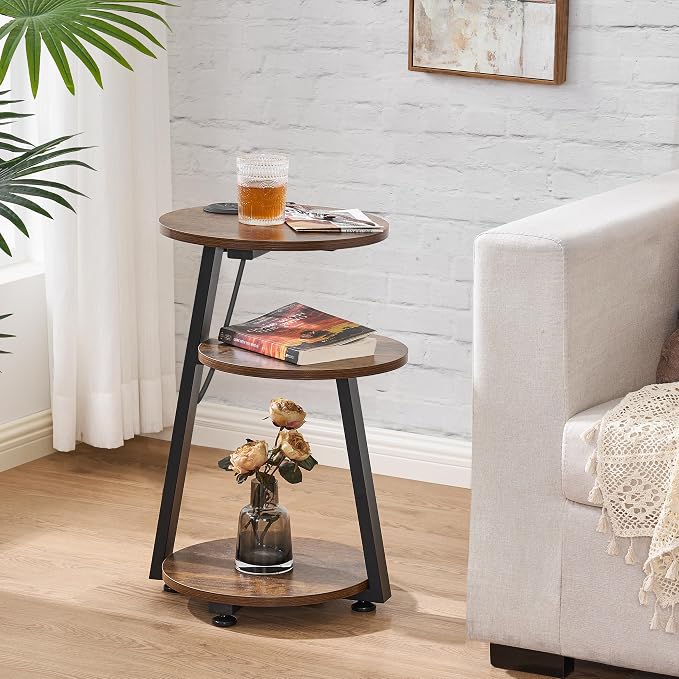 BEWISHOME Round End Table with Charging Station, Side Table Accent Nightstand - Image 2