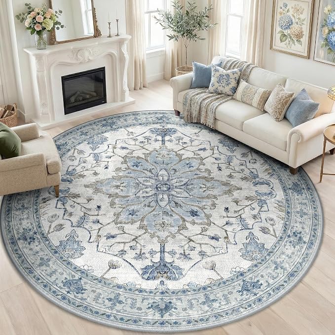 RELEANY Washable Area Rug, Round 7ft, Water Repellent, Pet Friendly, Vintage - Image 3