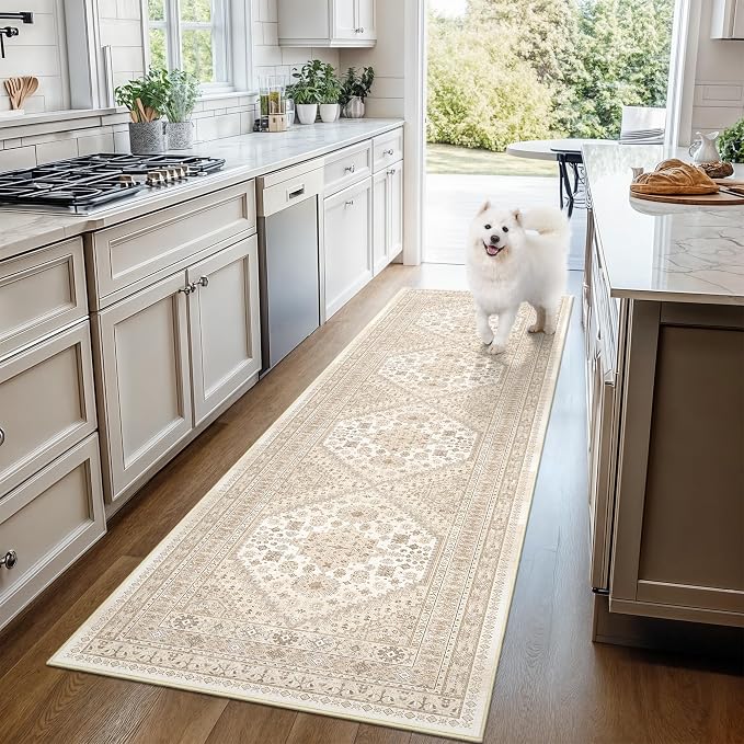 Washable Runner Rug 2.5x14, Long Kitchen Rugs Non-Slip, Cream/Beige | Vintage - Image 9