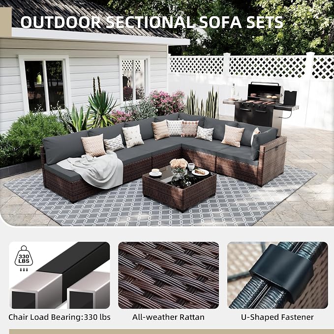 UPHA 7 Pieces Patio Furniture Sets, Wicker Outdoor Sectional Sofa Couch - Image 3