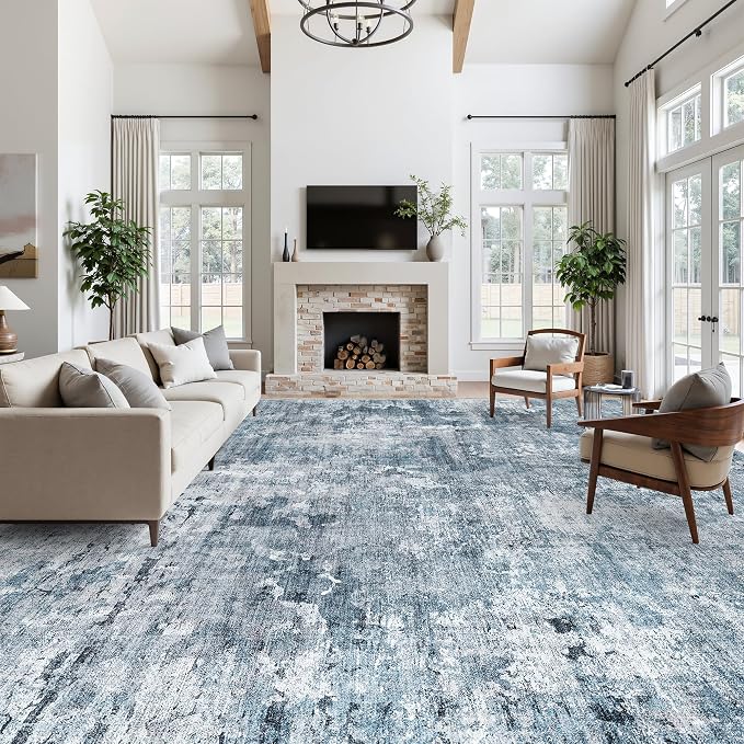 Soalmost 12x15 Washable Area Rugs Soft Living Room Rug Abstract Blue/Grey | - Image 4