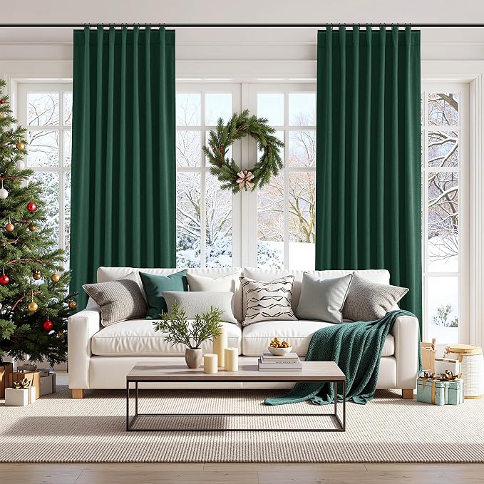 Dark Green 100% Blackout Linen Curtains 84 Inch Length 2 Panels Set - Image 9