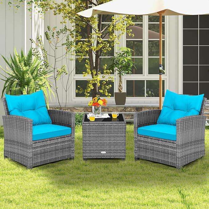 COSTWAY 3PCS Patio Furniture Set, PE Rattan Wicker Sofa w/Washable Cushion and - Image 3