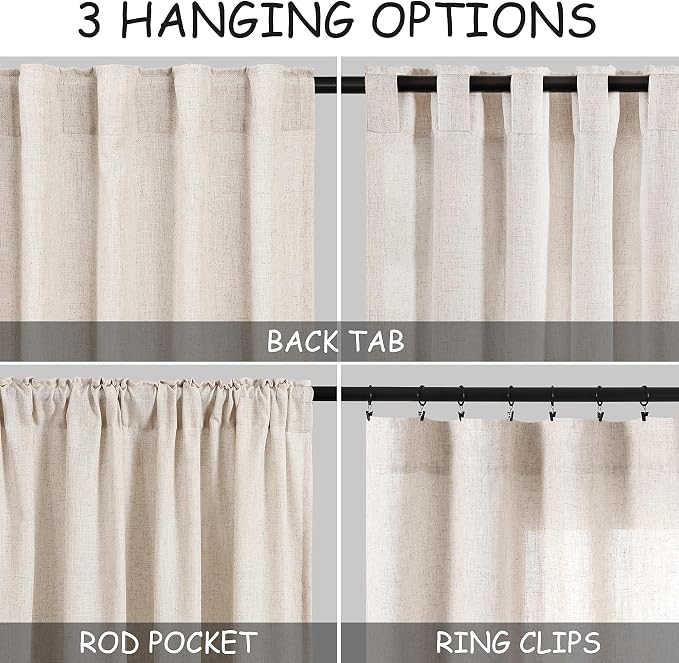 Beige Linen Curtains 108 Inches Long 2 Panels Back Tab Rod Pocket Modern - Image 3