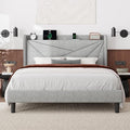 Feonase Full Bed Frame with Charging Station, Linen Upholstered Platform by FEONASE
