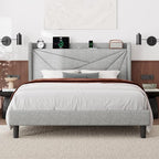 Feonase Queen Bed Frame with Charging Station, Linen Upholstered Platform by FEONASE