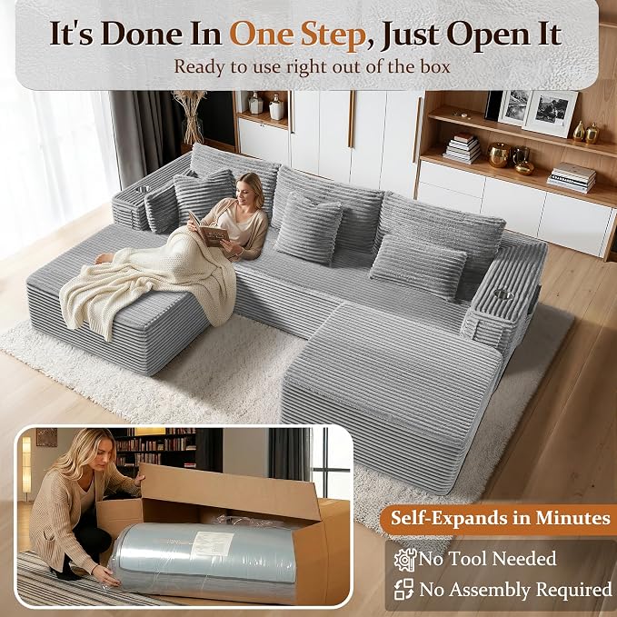 108" Oversized Cloud Sectional Couch, Comfort U Shaped Boneless Couch - Image 5