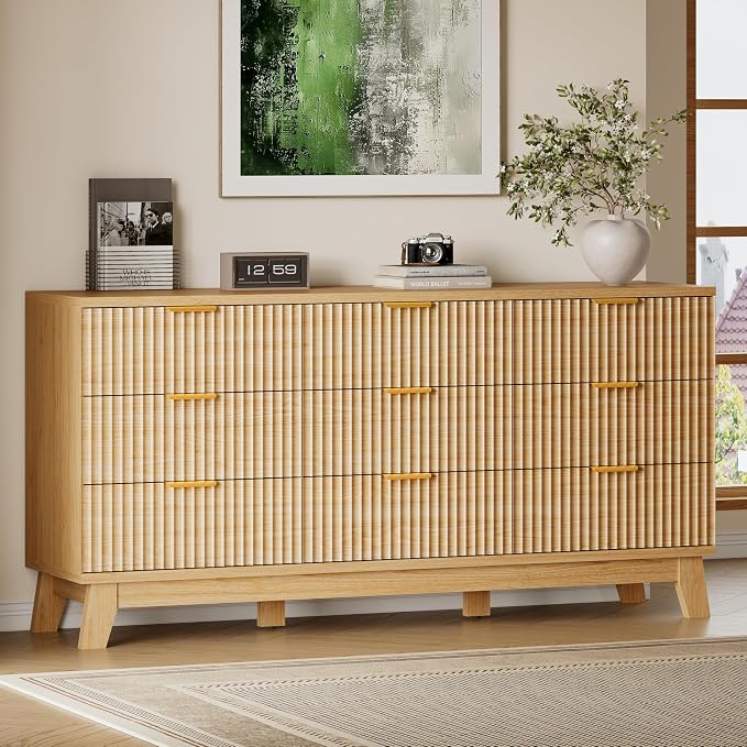 BORNOON 63" Long Dresser for Bedroom, 9-Drawer Fluted Dresser, Extra-Wide Wood by BORNOON