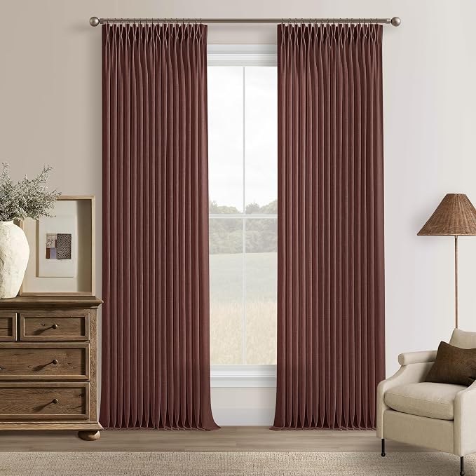 86 Inch Vintage Linen Rust Brown Pleated Semi Sheer Curtains 50 Inch Wide | by Twodrapes