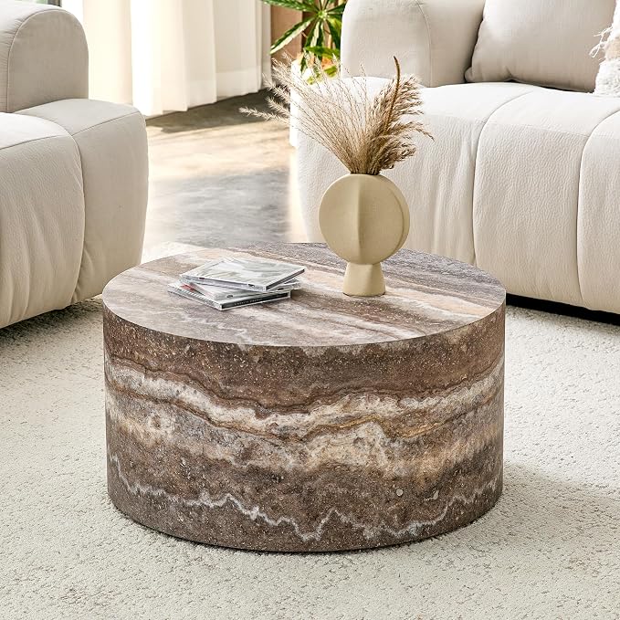Round Coffee Table, 23.6" Modern Grey Faux Marble Drum Coffee Table, Round by BAOPIN
