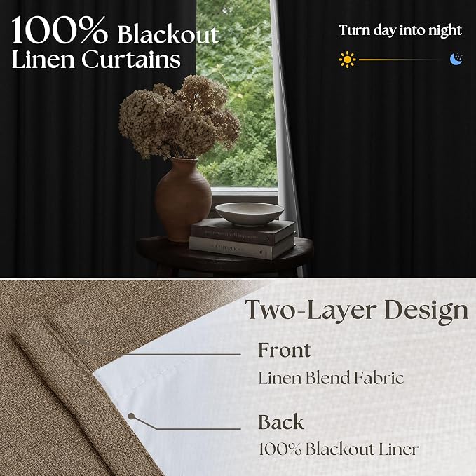 Latte 90 Inch Pinch Pleated Blackout Linen Curtains - Image 2