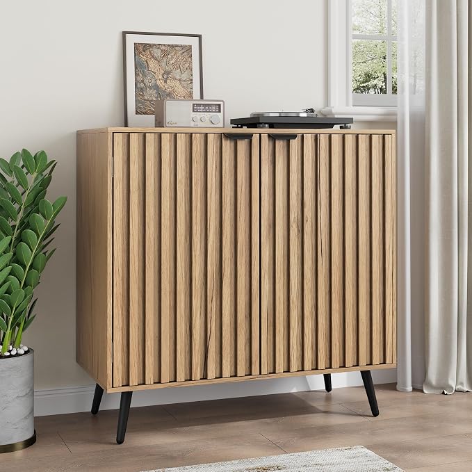 Smuxee Fluted Sideboard Cabinet, Freestanding Natural Buffet Cabinet - Image 9