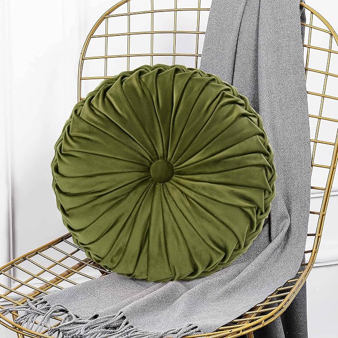 HIG Set of 2 Olive Velvet Decorative Round Pleated Throw Pillows | Vintage - Image 5