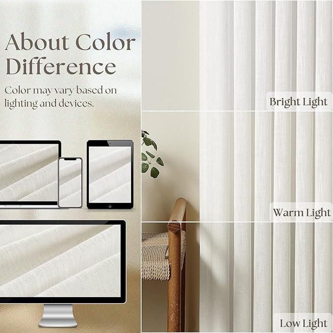 Beige White Linen Pleated Curtains 30 Inch Length Light Filtering | Semi Sheer - Image 4