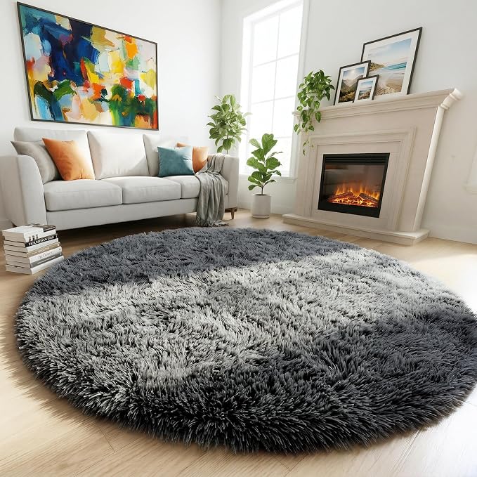 Amdrebio Grey Round Large Shaggy Plush Area Rug 7Ft by Amdrebio