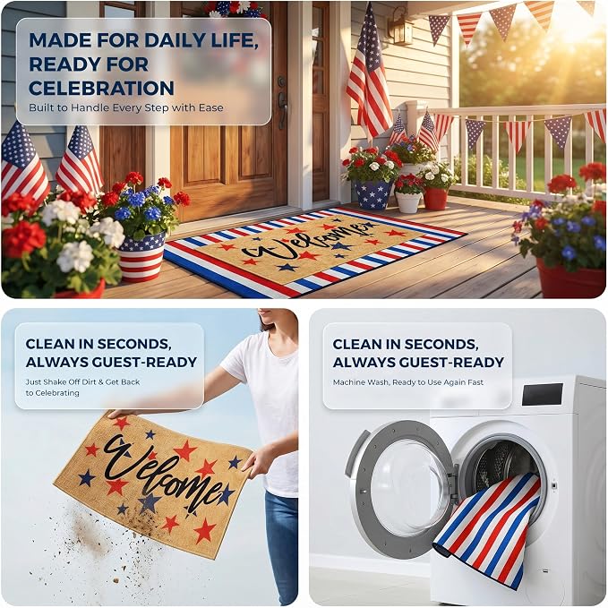 2 Pcs Patriotic Door Mat Set for 4th of July Front Porch Decor, Layered - Image 6