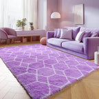 Area Rugs for Bedroom, 4x6 Fluffy Carpet Purple and White Geometric Rug | Boho - Image 7