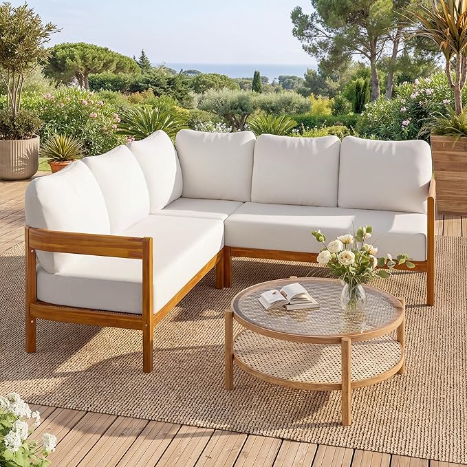 VilroCaz Outdoor Patio Furniture Set, L-Shaped Acacia Wood Sectional Sofa by VilroCaz
