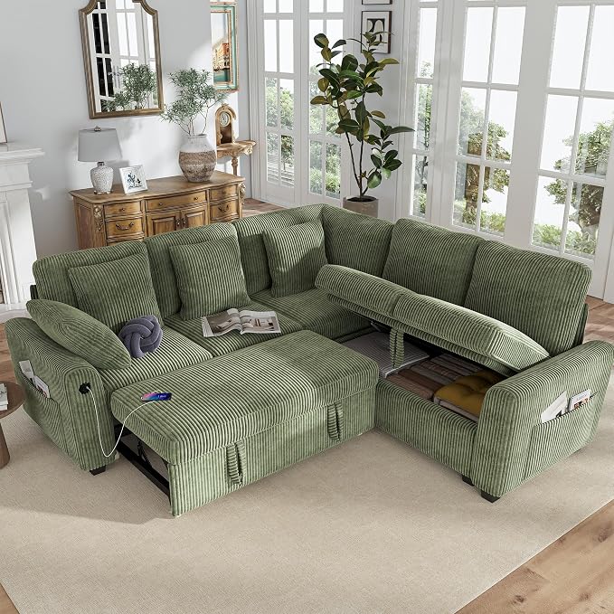 Hanherry Sectional Couch with Pull Out Sofa Bed, Corduroy Sleeper Sofa with 2 by Hanherry