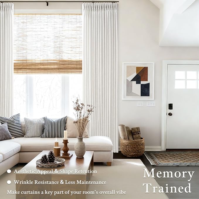 Pinch Pleated 132 Inch Beige White Semi Sheer Linen Curtains 11 Ft 2 Panels | - Image 2
