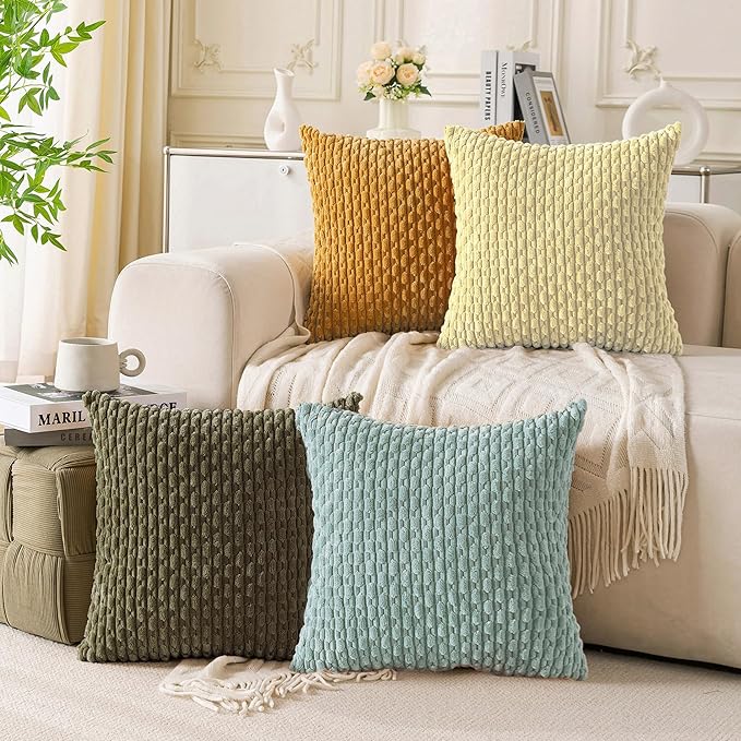 Set of 4 Yellow Olive Aqua Decorative Throw Pillow Covers 26x26 Inch Corduroy by Cozoomy