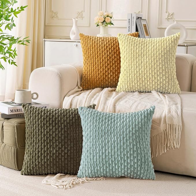 Set of 4 Pale Yellow Decorative Throw Pillow Covers 20x20 Inch Corduroy Pillow - Image 3