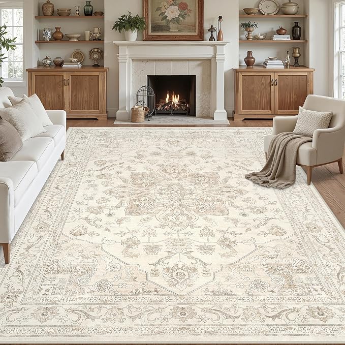 10x12 Area Rugs Living Room: Bedroom Washable Carpet Beige White | Vintage Boho - Image 8