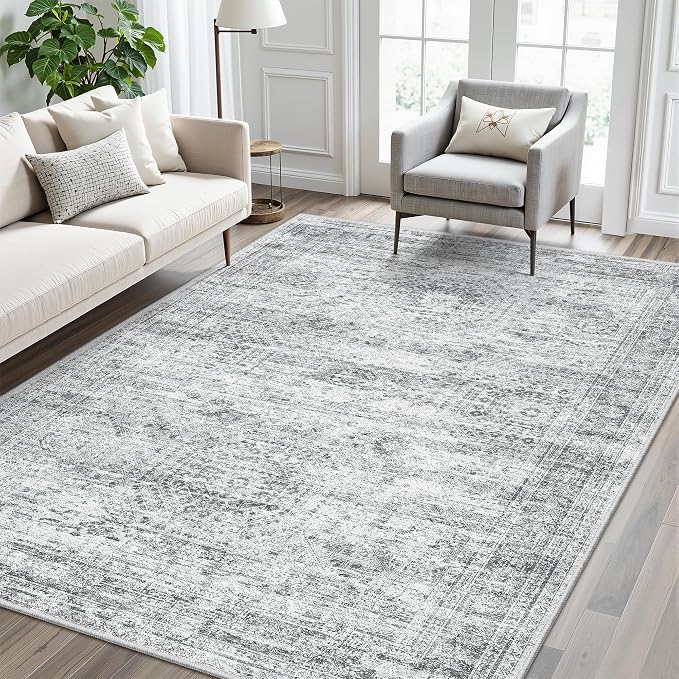 Soalmost 5x8 Area Rugs Grey Low Pile Washable Trendy Faded Style Rug | Vintage - Image 3
