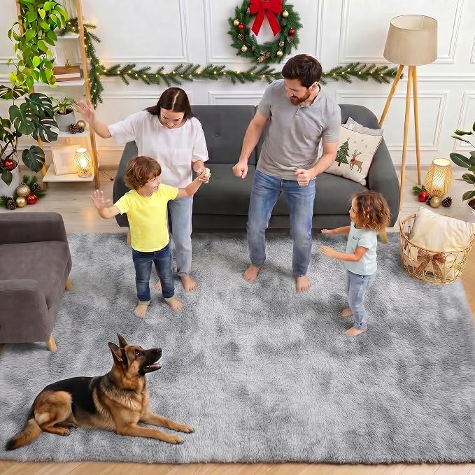 8x10 Area Rugs for Living Room, Tie-Dyed Light Grey Large Fluffy Shag Bedroom - Image 3