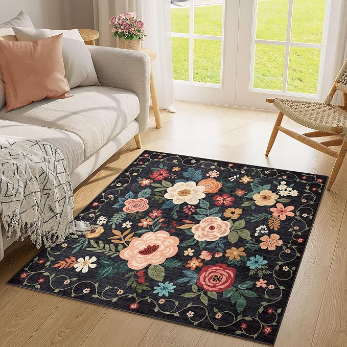DUKINO 4x4 Square Area Rug, Soft Floral Washable Rug - Image 4