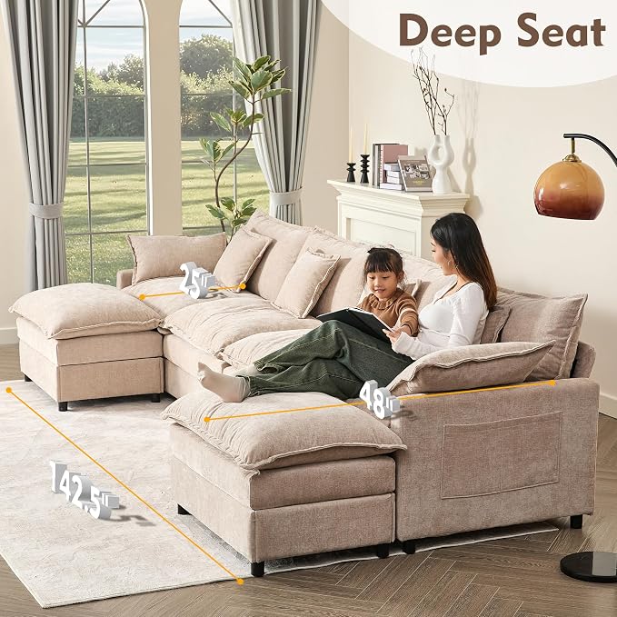 GOSUHI 142.5" U Shaped Couch, Modular Sectional Sofa, 3-Seater Comfy Cloud Couch - Image 4