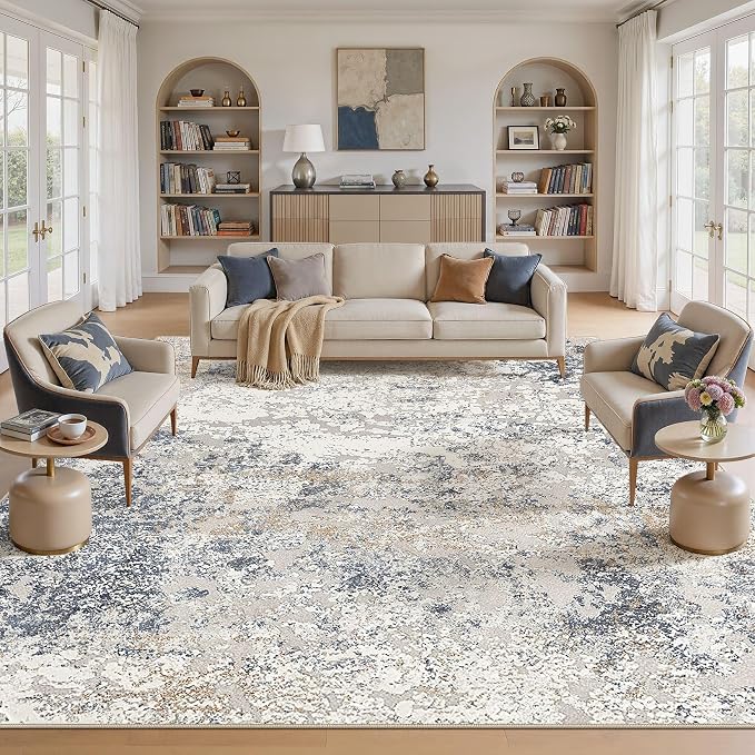 DMOYEST Square Area Rug Living Room Rugs 10x10 Washable Beige Blue Carpet | - Image 2