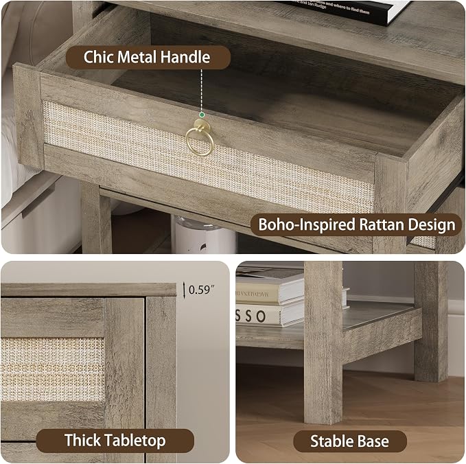 Xixini Nightstand Set of 2, Rattan Boho Bedside Table - Image 5
