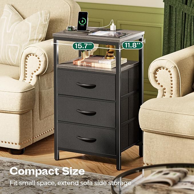 Huuger Night Stand with Charger Station and LED Lights, 3 Drawer Nightstand - Image 8