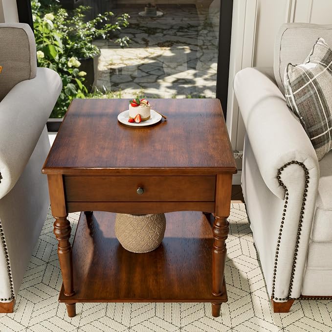 Large End Table with Drawer and Storage Shelf, Solid Wood Sofa Side Table - Image 4