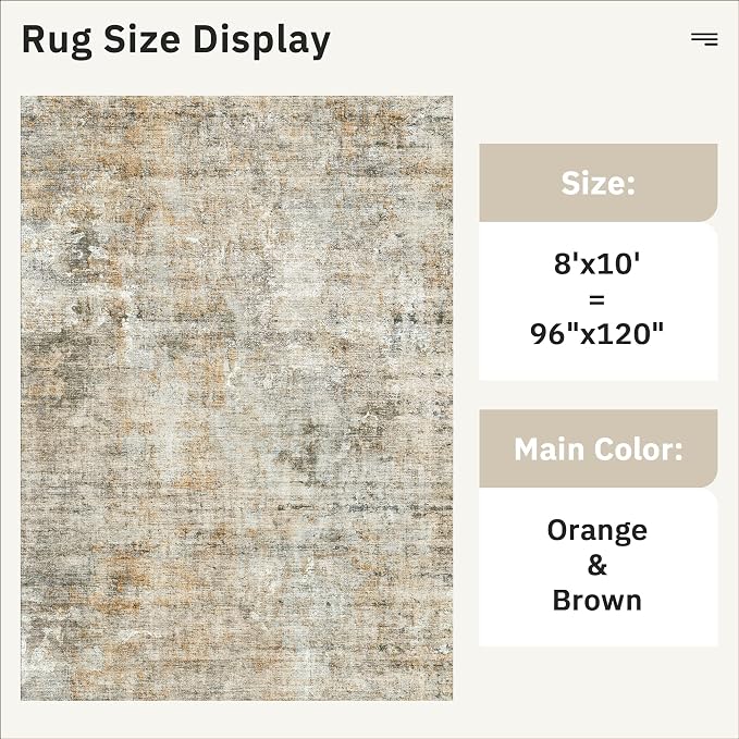 Soalmost Abstract Rug 8x10 Large Living Room Rugs Washable Orange/Brown | - Image 5