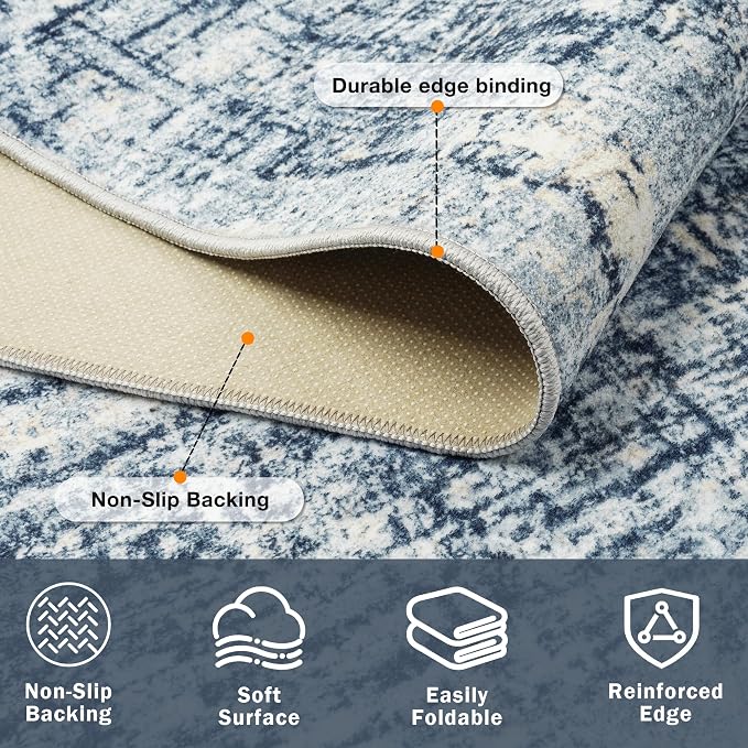 9x12 Washable Area Rug for Living Room Bedroom: Non-Slip Modern Blue Gold | - Image 4